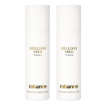 Two white cylindrical bottles labeled "Paco Rabanne Million Gold for Her" deodorant spray, 150ml each, with gold text. Set contains 2 sprays.