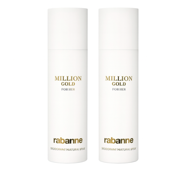 Two white cylindrical bottles labeled "Paco Rabanne Million Gold for Her" deodorant spray, 150ml each, with gold text. Set contains 2 sprays.
