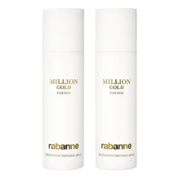 Two white cylindrical bottles labeled "Paco Rabanne Million Gold for Her" deodorant spray, 150ml each, with gold text. Set contains 2 sprays.