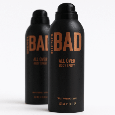 Two 200ml cans of Diesel Bad Body Spray for Men, featuring copper-colored text on black aerosol cans, are shown against a plain white background.