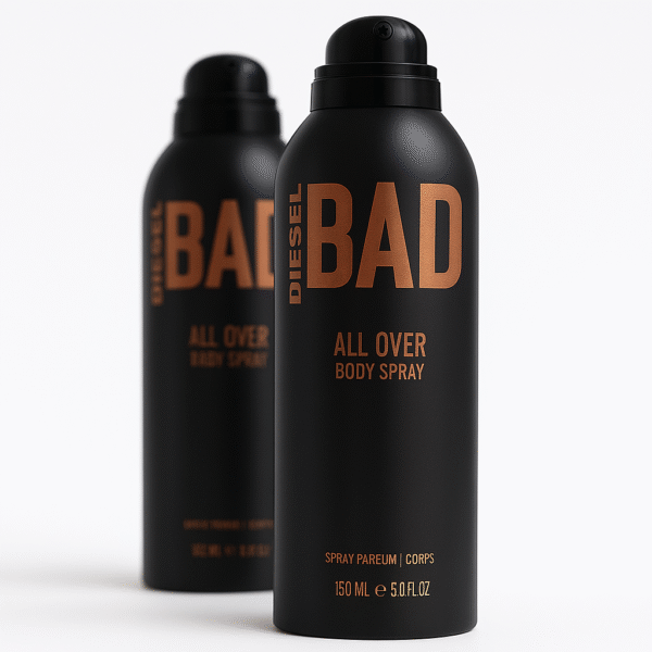 Two 200ml cans of Diesel Bad Body Spray for Men, featuring copper-colored text on black aerosol cans, are shown against a plain white background.