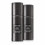Two black cylindrical spray bottles of "Tom Ford Private Blend Oud Wood Body Spray 150ml" stand side by side on a white background.