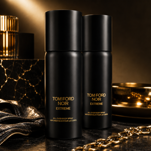 Two bottles of Tom Ford Noir Extreme All Over Body Spray 150ml are displayed on a marble surface with gold accents and a leather item in the background.