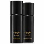 Two black cylindrical spray bottles of 2x Tom Ford Noir Extreme All Over Body Spray 150ml, featuring gold text labels, standing side by side against a white background.