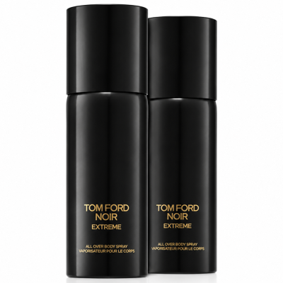 Two black cylindrical spray bottles of 2x Tom Ford Noir Extreme All Over Body Spray 150ml, featuring gold text labels, standing side by side against a white background.