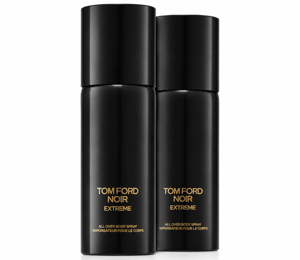 Two black cylindrical spray bottles of 2x Tom Ford Noir Extreme All Over Body Spray 150ml, featuring gold text labels, standing side by side against a white background.