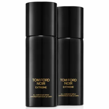 Two black cylindrical spray bottles of 2x Tom Ford Noir Extreme All Over Body Spray 150ml, featuring gold text labels, standing side by side against a white background.