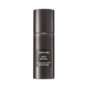 Two bottles of Tom Ford Private Blend Oud Wood Body Spray 150ml, featuring a dark, minimalist design with white text on the label.
