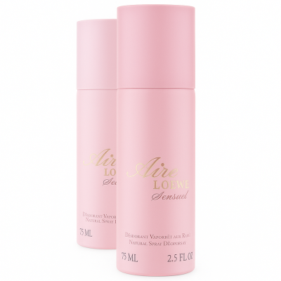 Two pink cylindrical bottles of 2x Loewe Aire Loewe Sensual Deodorant Spray 75ml, for Her are displayed on a white background.