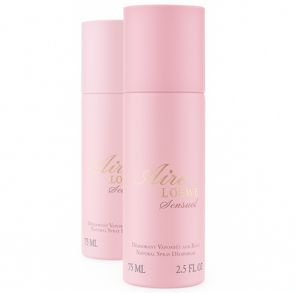Two pink cylindrical bottles of 2x Loewe Aire Loewe Sensual Deodorant Spray 75ml, for Her are displayed on a white background. Two pink cylindrical bottles of 2x Loewe Aire Loewe Sensual Deodorant Spray 75ml, for Her are displayed on a white background.