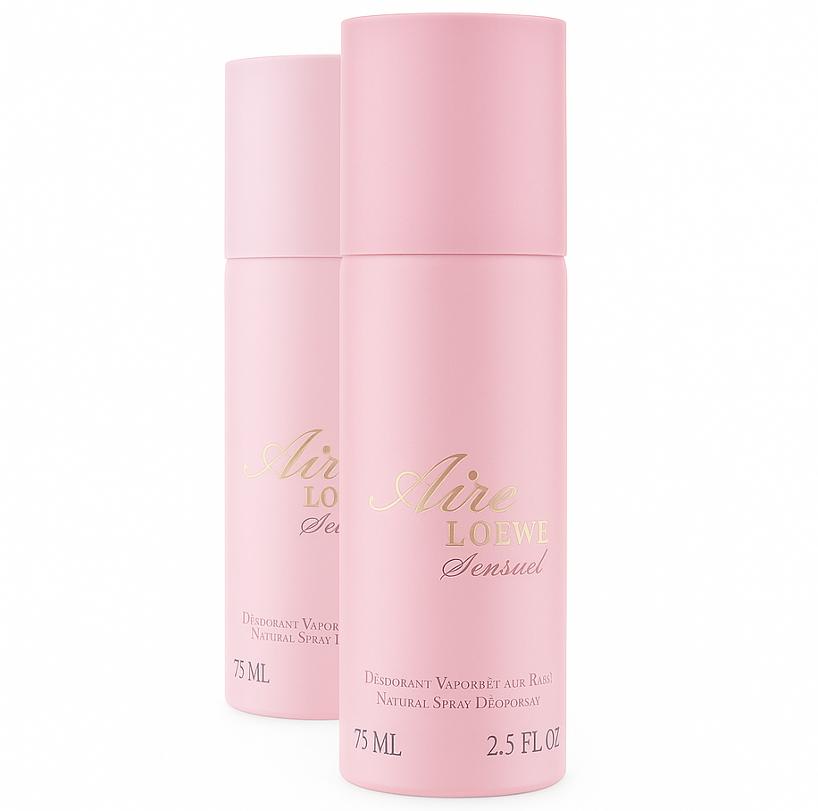 Two pink cylindrical bottles of 2x Loewe Aire Loewe Sensual Deodorant Spray 75ml, for Her are displayed on a white background.
