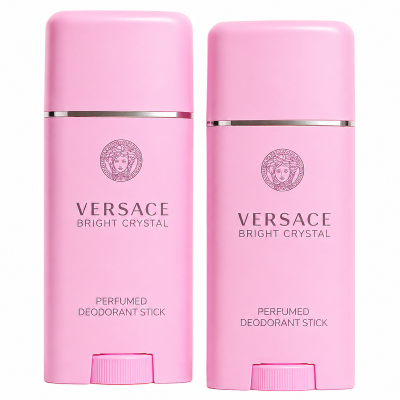 Two Versace Bright Crystal Deodorant sticks (50ml each, for her) are positioned side by side against a white background.