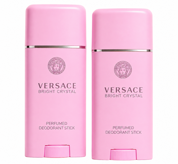 Two Versace Bright Crystal Deodorant sticks (50ml each, for her) are positioned side by side against a white background.