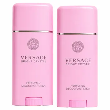 Two Versace Bright Crystal Deodorant sticks (50ml each, for her) are positioned side by side against a white background.