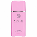 A Versace Bright Crystal Deodorant Stick 50ml for Her, featuring a pink design with a silver accent and Medusa logo, displayed on a plain white background.