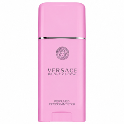 A Versace Bright Crystal Deodorant Stick 50ml for Her, featuring a pink design with a silver accent and Medusa logo, displayed on a plain white background.
