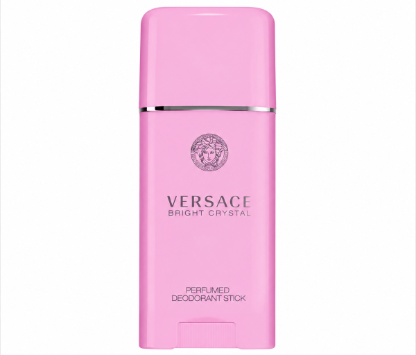 A Versace Bright Crystal Deodorant Stick 50ml for Her, featuring a pink design with a silver accent and Medusa logo, displayed on a plain white background.