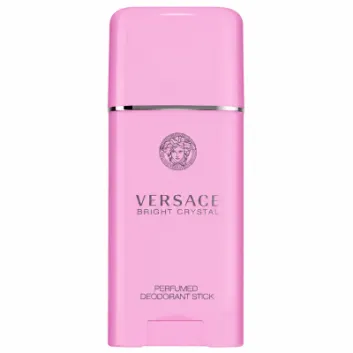 A Versace Bright Crystal Deodorant Stick 50ml for Her, featuring a pink design with a silver accent and Medusa logo, displayed on a plain white background.