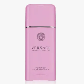 Three Versace Bright Crystal Deodorant Sticks (50ml each) for her, featuring a pink design with silver accents and the brand logo on the front, stand upright against a plain background.