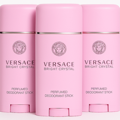 Three Versace Bright Crystal Deodorant Sticks for Her (3x 50ml) are arranged side by side against a white background.