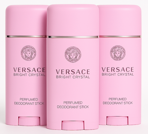 Three Versace Bright Crystal Deodorant Sticks for Her (3x 50ml) are arranged side by side against a white background.