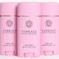 Three Versace Bright Crystal Deodorant Sticks for Her (3x 50ml) are arranged side by side against a white background.