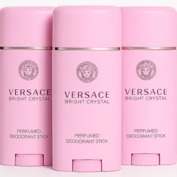 Three Versace Bright Crystal Deodorant Sticks for Her (3x 50ml) are arranged side by side against a white background.