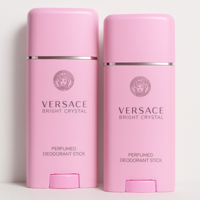 Two 50ml Versace Bright Crystal Deodorant sticks for Her are placed side by side against a plain, light background.