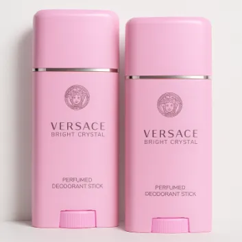 Two 50ml Versace Bright Crystal Deodorant sticks for Her are placed side by side against a plain, light background.