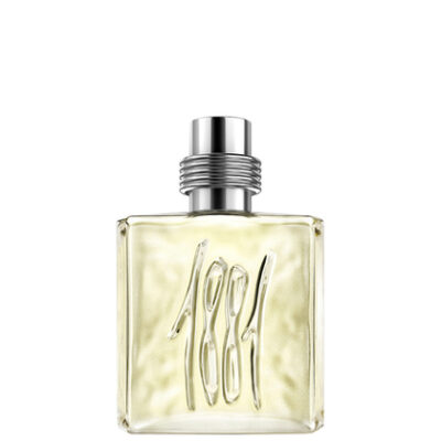 Cerruti 1881 Pour Homme EDT Spray for Men features a square glass bottle with "1881" embossed on the front and a metallic cylindrical cap.