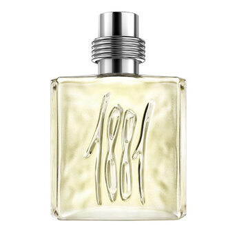 Cerruti 1881 Pour Homme EDT Spray for Men features a square glass bottle with "1881" embossed on the front and a metallic cylindrical cap.