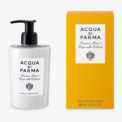 Set of 2 Acqua di Parma Colonia Hand and Body Lotion, 300ml each, unisex. Each bottle is white with a black pump; packaging includes a yellow box with black text.