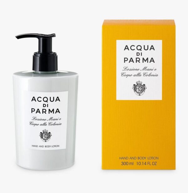 Set of 2 Acqua di Parma Colonia Hand and Body Lotion, 300ml each, unisex. Each bottle is white with a black pump; packaging includes a yellow box with black text.