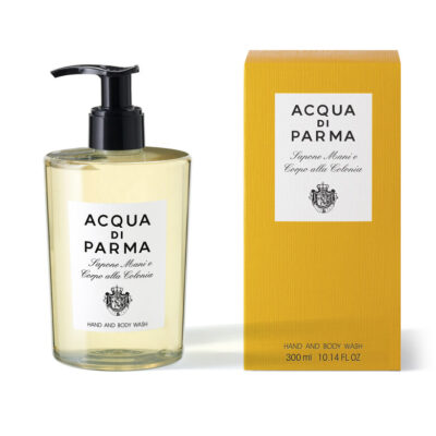 Two 300ml bottles of Acqua di Parma Colonia Hand and Body Wash, unisex, stand next to their matching yellow boxes with black text labels.