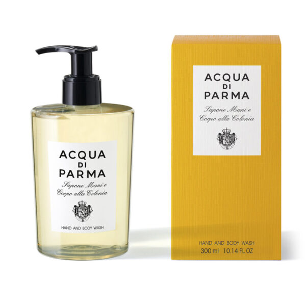 Two 300ml bottles of Acqua di Parma Colonia Hand and Body Wash, unisex, stand next to their matching yellow boxes with black text labels.