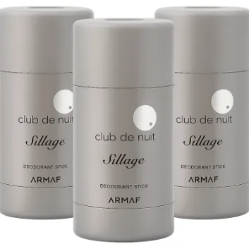 Three unisex 75ml Armaf Club de Nuit Sillage deodorant sticks are displayed against a white background.