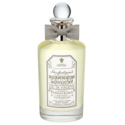 A 100ml clear glass bottle of Penhaligon's Blenheim Bouquet EDP for Men, adorned with a grey bow, silver cap, and a detailed white front label.