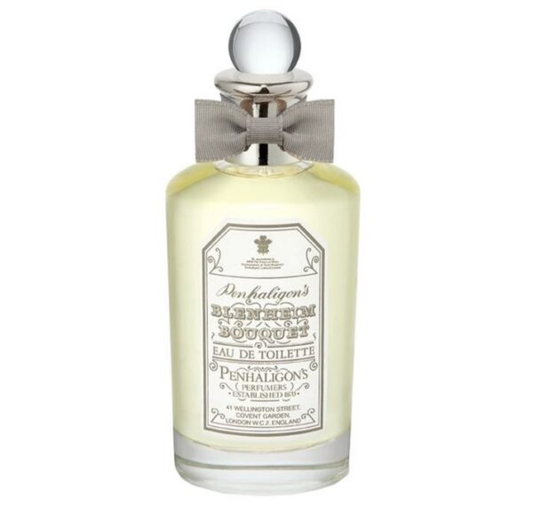 A 100ml clear glass bottle of Penhaligon's Blenheim Bouquet EDP for Men, adorned with a grey bow, silver cap, and a detailed white front label. A 100ml clear glass bottle of Penhaligon's Blenheim Bouquet EDP for Men, adorned with a grey bow, silver cap, and a detailed white front label.