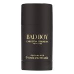 A set of three 75ml Bad Boy Carolina Herrera deodorant sticks for men, featuring a sleek black design with gold lettering.