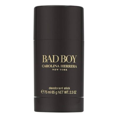 A set of three 75ml Bad Boy Carolina Herrera deodorant sticks for men, featuring a sleek black design with gold lettering.