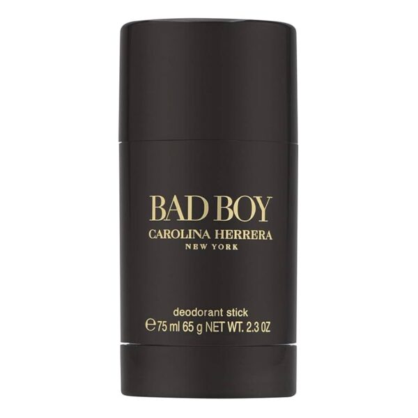 A set of three 75ml Bad Boy Carolina Herrera deodorant sticks for men, featuring a sleek black design with gold lettering.