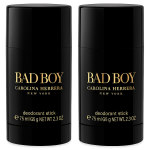 Three black cylindrical "Bad Boy Carolina Herrera New York" deodorant sticks for men, each 75ml (2.3 oz), are placed side by side against a white background.