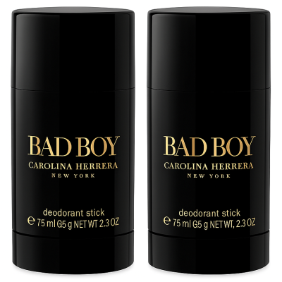 Three black cylindrical "Bad Boy Carolina Herrera New York" deodorant sticks for men, each 75ml (2.3 oz), are placed side by side against a white background.