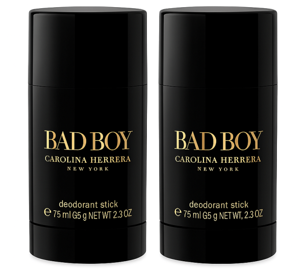 Three black cylindrical "Bad Boy Carolina Herrera New York" deodorant sticks for men, each 75ml (2.3 oz), are placed side by side against a white background.