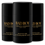 Three 75ml Carolina Herrera Bad Boy Deodorant Sticks for Men are arranged in a staggered row, each featuring black packaging with gold and white text.