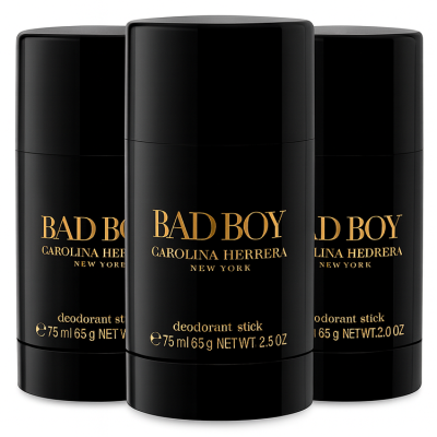 Three 75ml Carolina Herrera Bad Boy Deodorant Sticks for Men are arranged in a staggered row, each featuring black packaging with gold and white text.
