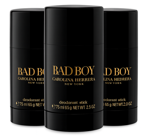 Three 75ml Carolina Herrera Bad Boy Deodorant Sticks for Men are arranged in a staggered row, each featuring black packaging with gold and white text. Three 75ml Carolina Herrera Bad Boy Deodorant Sticks for Men are arranged in a staggered row, each featuring black packaging with gold and white text.