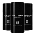 Three Givenchy Gentleman Society Deodorant Sticks for Men (75ml each) are arranged in a row, featuring black packaging with a white geometric logo, set against a white background.