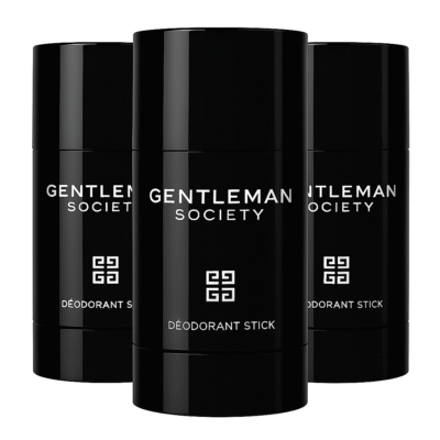 Three Givenchy Gentleman Society Deodorant Sticks for Men (75ml each) are arranged in a row, featuring black packaging with a white geometric logo, set against a white background.