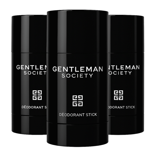 Three Givenchy Gentleman Society Deodorant Sticks for Men (75ml each) are arranged in a row, featuring black packaging with a white geometric logo, set against a white background.